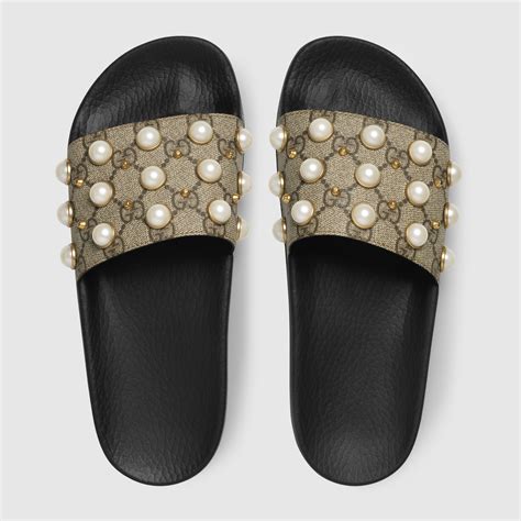 gucci slides with pearls on them|all black gucci slides women's.